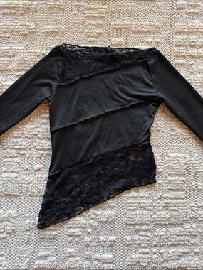Motel Rocks Black Asymmetric Lace-Trim Long Sleeve Top